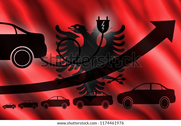 Growth chart. Up arrow,\
car silhouettes and a car charger in the background of the flag\
Albania