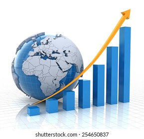 Growth chart with globe, 3d render, white background