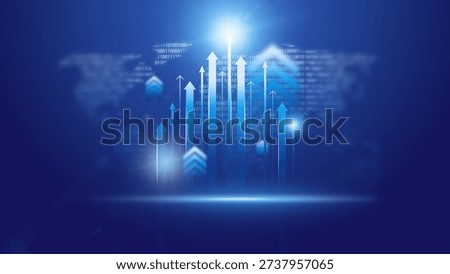 Growth in data trends shown through blue arrows on a digital background during a tech event