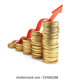 Growth Earnings and financial success concept - Gold coins and red arrow isolated on white background