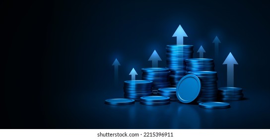 Growth Financial Business Arrow Money Coin On Increase Earnings 3d Background With Economy Market Investment Finance Banking Profit Or Success Cash Stack Currency Of Wealth Graph Price Value Strategy.