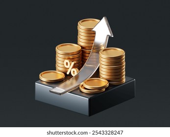 Moneda de dinero de moneda de oro de negocio financiero de crecimiento en fondo de inversión 3d con gráfico de ganancias de acciones de gráfico de finanzas de éxito. Aumentar el porcentaje hacia arriba flecha tasa de interés aumentar estrategia de Precio.