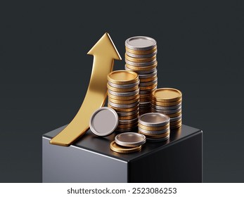 Growth financial business rise money cash currency on 3d finance investment background. Wealth banking profit economy dollar coin deposit stock exchange. Arrow graph strategy invest market chart.