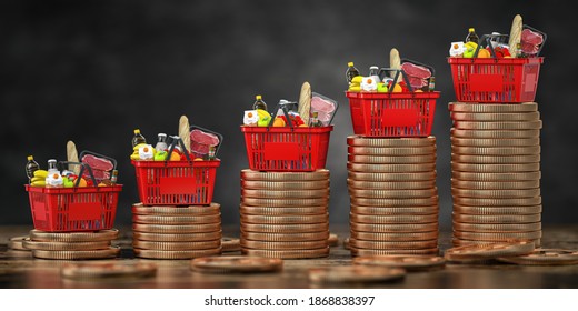 Growth Of Food Sales Or Growth Of Market Basket Or Consumer Price Index Concept. Shopping Basket With Foods On Coin Stacks. 3d Illustration