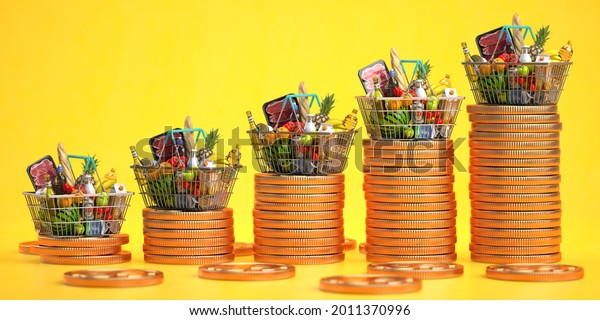 Growth of food sales or\
growth of market basket or consumer price index concept. Shopping\
basket with foods with coin stacks on yellow background. 3d\
illustration