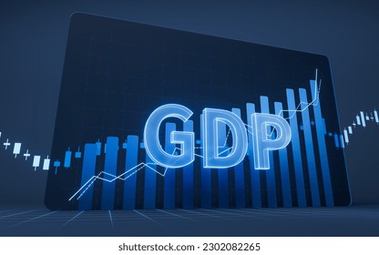 Growth of GDP with statistical graph, 3d rendering. Digital drawing.