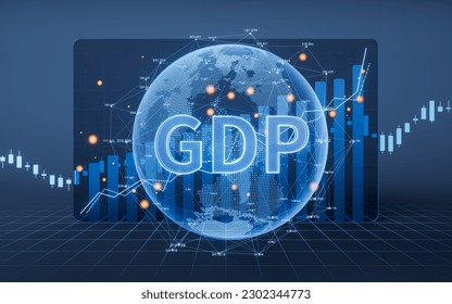 Growth of GDP with statistical graph, 3d rendering. Digital drawing.