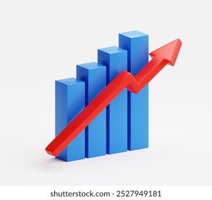 Growth graph up arrow chart isolated on white 3d background with illustration graphic icon profit. Success financial business marketing progress concept. Rise market finance investment report target.
