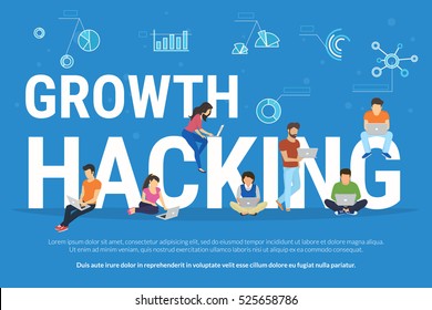 Growth hacking concept illustration of young people using gadgets such as laptop, tablet pc and smartphone for growth hacking the project. Flat design of business background with infographic symbols