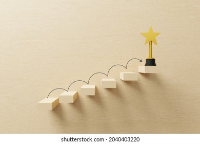 Growth Or Increase Design Concept. Cube Block Staircase Moving Step Growing Up To Target And Award Trophy On Top. Success Achievement Or Goal Business Motivation. 3D Illustration.