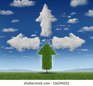 Growth Potential With A Growing Arrow Shaped Tree And Clouds As A Business Concept Of Success Aspirations And Ambition For Career And Investment Future Strategy.