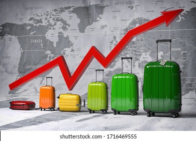 Growth Travel And Tourism Industry. Graph And Diagram From Suitcases On The Map Of World. 3d Illustration