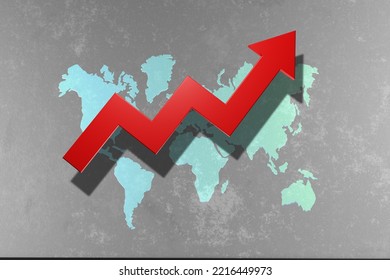 Growth Of Worlds Population. Growth Arrow And World Map. International Infographic. Increase In Population Of Countries World. Growth Chart In Front Of Continents. Overpopulation Concept. 3d Image.