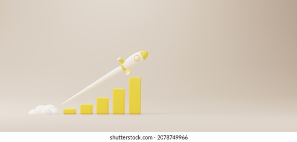 Growthing Graph Bar With Rocket Rising Moving Up. Start Up Business Development To Success And Growing Growth Concept. 3d Rendering Illustration