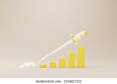 Growthing Graph Bar With Rocket Rising Moving Up. Start Up Business Development To Success And Growing Growth Concept. 3d Rendering Illustration