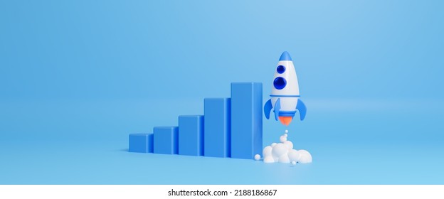 Growthing Graph Bar With Rocket Rising Moving Up. Start Up Business Development To Success And Growing Growth Concept. Abstract Rocket Launch And Graph Growing Up. Success Strategy. 3d Rendering