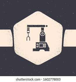 Grunge Assembly Line Icon Isolated On Grey Background. Automatic Production Conveyor. Robotic Industry Concept. Monochrome Vintage Drawing. 