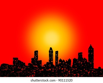 Grunge Atlanta skyline with abstract sunset illustration
