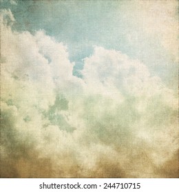 Grunge Background Old Canvas Paper Texture White Clouds On Blue Sky Abstract Scenery Vintage Painting