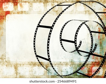 Grunge background with old paper texture and retro filmstrip frame. Horizontal or vertical retro banner with film reel. Vintage colourful backdrop. Copy space for text - Powered by Shutterstock