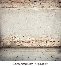 Grunge Background, Red Brick Wall Texture Bright Plaster Wall And Blocks Road Sidewalk Abandoned Exterior Urban Background For Your Concept Or Project