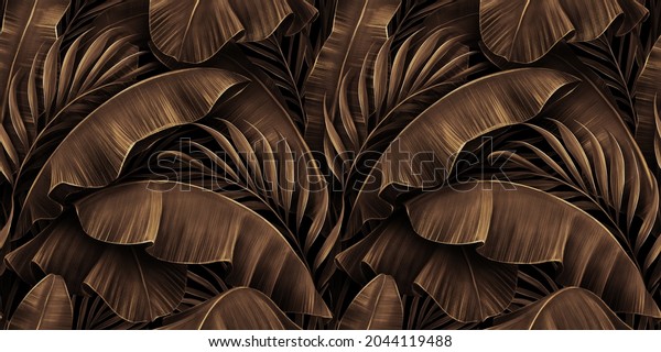 Grunge bronze banana leaves, palm. Tropical exotic seamless pattern. Hand-drawn dark vintage 3D illustration. Nature abstract background. Good for luxury wallpapers, cloth, fabric printing, mural