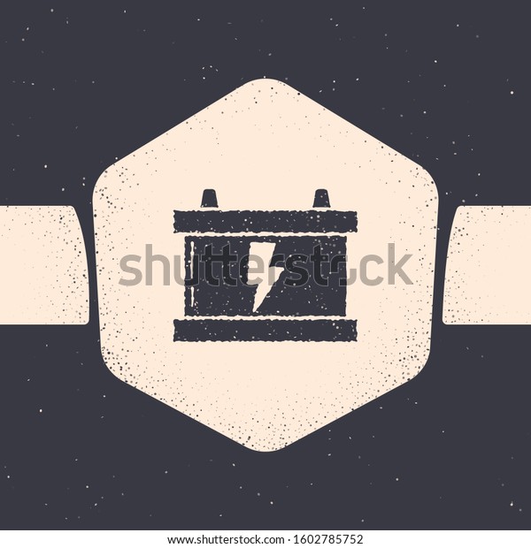 Grunge Car battery icon\
isolated on grey background. Accumulator battery energy power and\
electricity accumulator battery. Lightning bolt. Monochrome vintage\
drawing. 