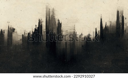 Grunge cityscape. Distressed background. Urban art. Black skyscrapers painting on white weathered worn old scratched paper abstract texture illustration.
