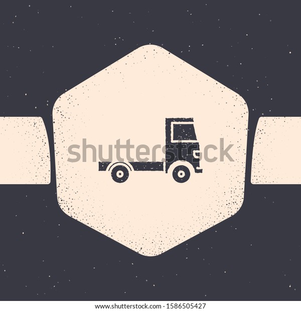 Grunge Delivery cargo truck\
vehicle icon isolated on grey background. Monochrome vintage\
drawing. 
