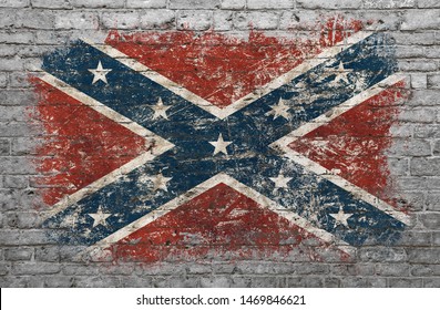 Grunge distressed flag of USA confederate painted on old weathered grey brick wall