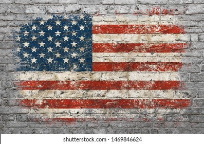Grunge distressed flag of USA painted on old weathered grey brick wall