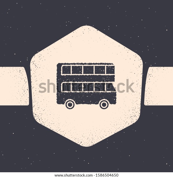Grunge Double decker bus icon isolated on grey\
background. London classic passenger bus. Public transportation\
symbol. Monochrome vintage drawing.\
