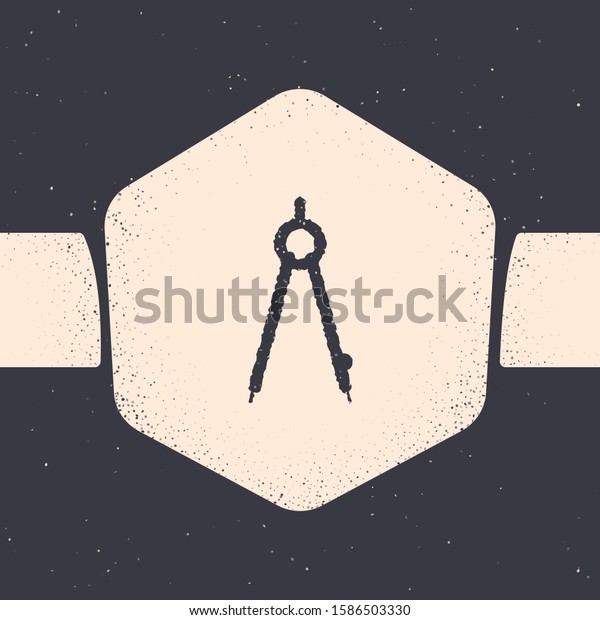 Grunge Drawing compass icon isolated on\
grey background. Compasses sign. Drawing and educational tools.\
Geometric instrument. Monochrome vintage drawing.\
