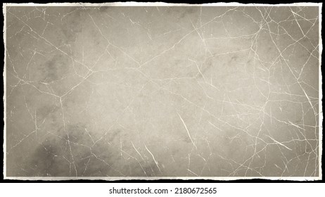 Grunge empty crumpled paper background frame with vignette border. Dirty distressed sepia toned vintage 8k 16:9 weathered old creased photo texture. Retro overlay template backdrop 3D rendering