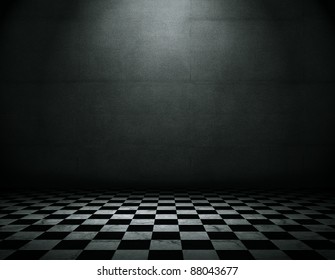 Grunge Empty Interior With Checkered Marble Floor