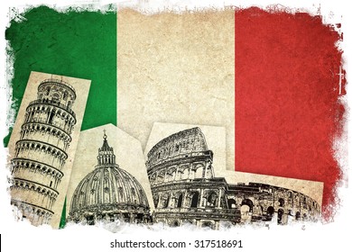 Grunge Flag of Italy / illustration italian country with monuments