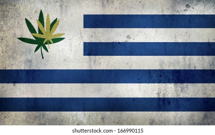 Grunge Flag Of Uruguay With A Cannabis Leaf. Uruguay Becomes First Country To Legalize Marijuana Trade