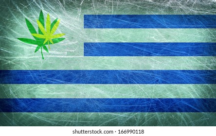 Grunge Flag Of Uruguay With A Cannabis Leaf. Uruguay Becomes First Country To Legalize Marijuana Trade