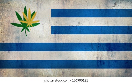 Grunge Flag Of Uruguay With A Cannabis Leaf. Uruguay Becomes First Country To Legalize Marijuana Trade