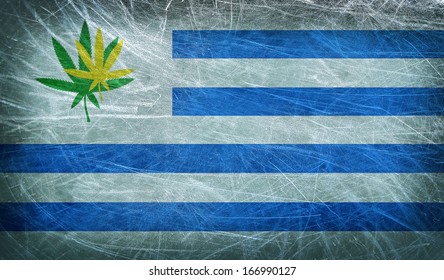 Grunge Flag Of Uruguay With A Cannabis Leaf. Uruguay Becomes First Country To Legalize Marijuana Trade