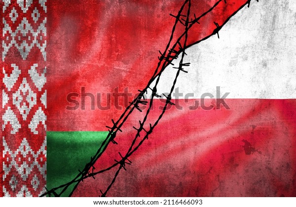 Grunge flags of Belarus and Poland divided by barb\
wire illustration, concept of tense relations in migrant border\
crisis