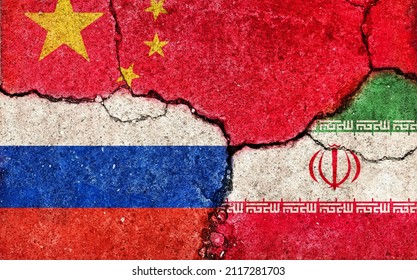 Grunge Flags Illustration Of Three Countries  (cracked Concrete Background) | China, Russia And Iran