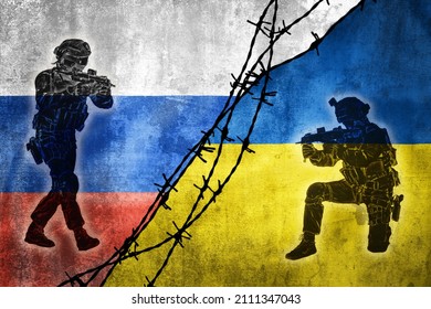 Grunge flags of Russian Federation and Ukraine divided by barb wire with soliders pointing weapon at each other illustration, concept of tense relations between west and Russia