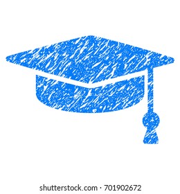 Grunge Graduation Cap icon with grunge design and dust texture. Unclean raster blue pictogram for rubber seal stamp imitations and watermarks. Draft sticker symbol.