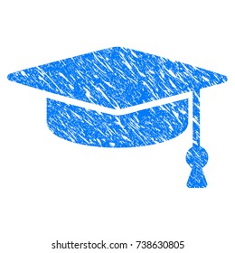 Grunge Graduation Cap icon with scratched design and scratched texture. Unclean raster blue Graduation Cap pictogram for rubber seal stamp imitations and watermarks. Draft emblem symbol.