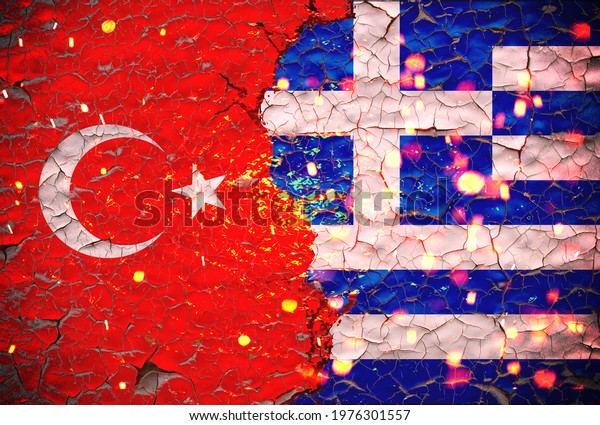 Grunge greece VS Turkey national flags icon\
pattern isolated on broken cracked wall background, abstract\
international political relationship friendship divided conflicts\
concept texture\
wallpaper.