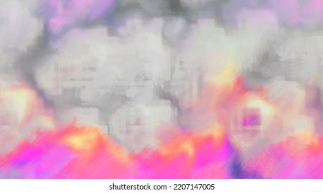 Grunge Grey Background With Pink Orange Yellow Blurred Strokes In Watercolor Acrylic Gouache Paint Edges. Hand Drawn Watercolor Pattern With Brush Strokes, Blank Paper For Design	
