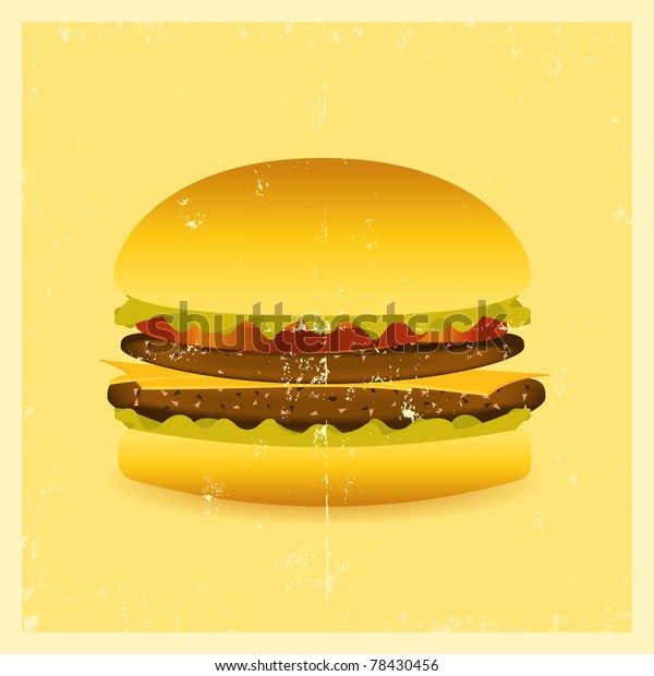 Grunge Hamburger\
Poster/ Illustration of a mouth watering cheeseburger with\
beefsteak, salad and\
tomatoes