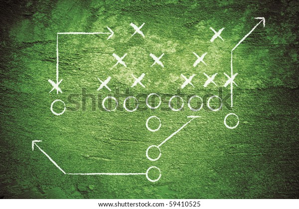 Grunge illustration of american football play with\
x\'s and o\'s.