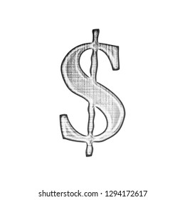 Grunge Ink Metallic Silver Chrome Dollar Sign Or Money And Price Symbol In A 3D Illustration With A Black & White Grungy Glitching Crosshatch Effect In A Loose Elegant Font On A White Background